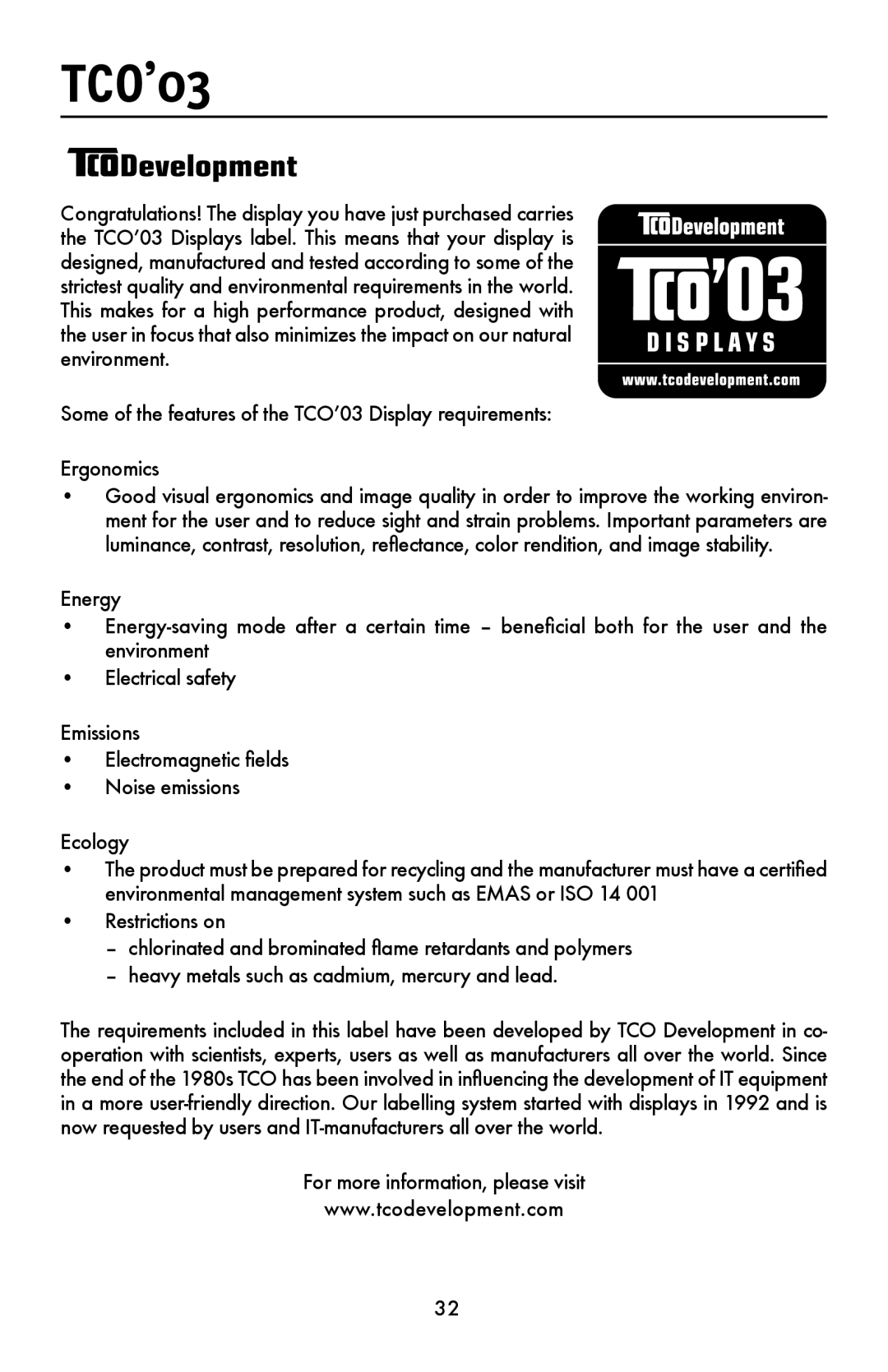 NEC LCD1990FXp user manual TCO’03, For more information, please visit 