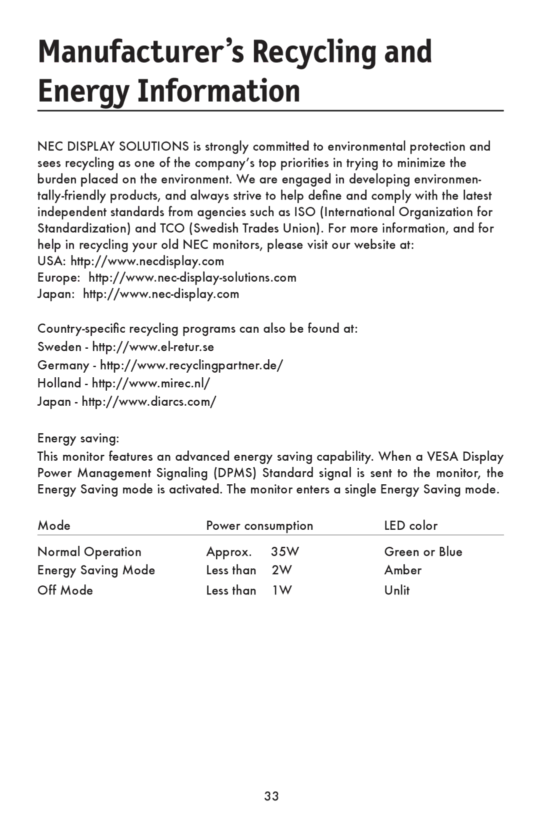 NEC LCD1990FXp user manual Manufacturer’s Recycling and Energy Information 