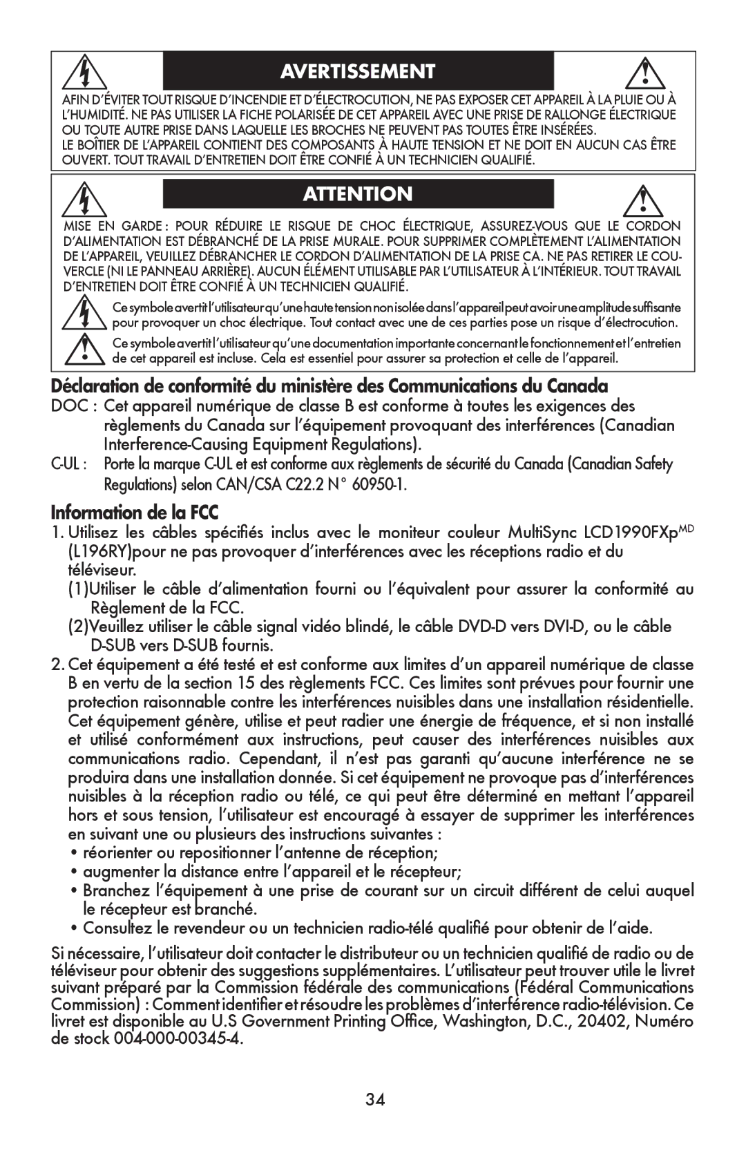 NEC LCD1990FXp user manual Avertissement, Information de la FCC 