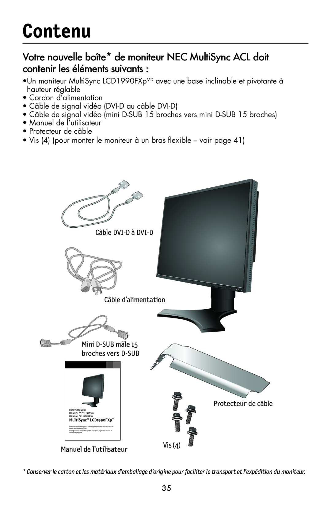 NEC LCD1990FXp user manual Contenu, Protecteur de câble Manuel de l’utilisateur 