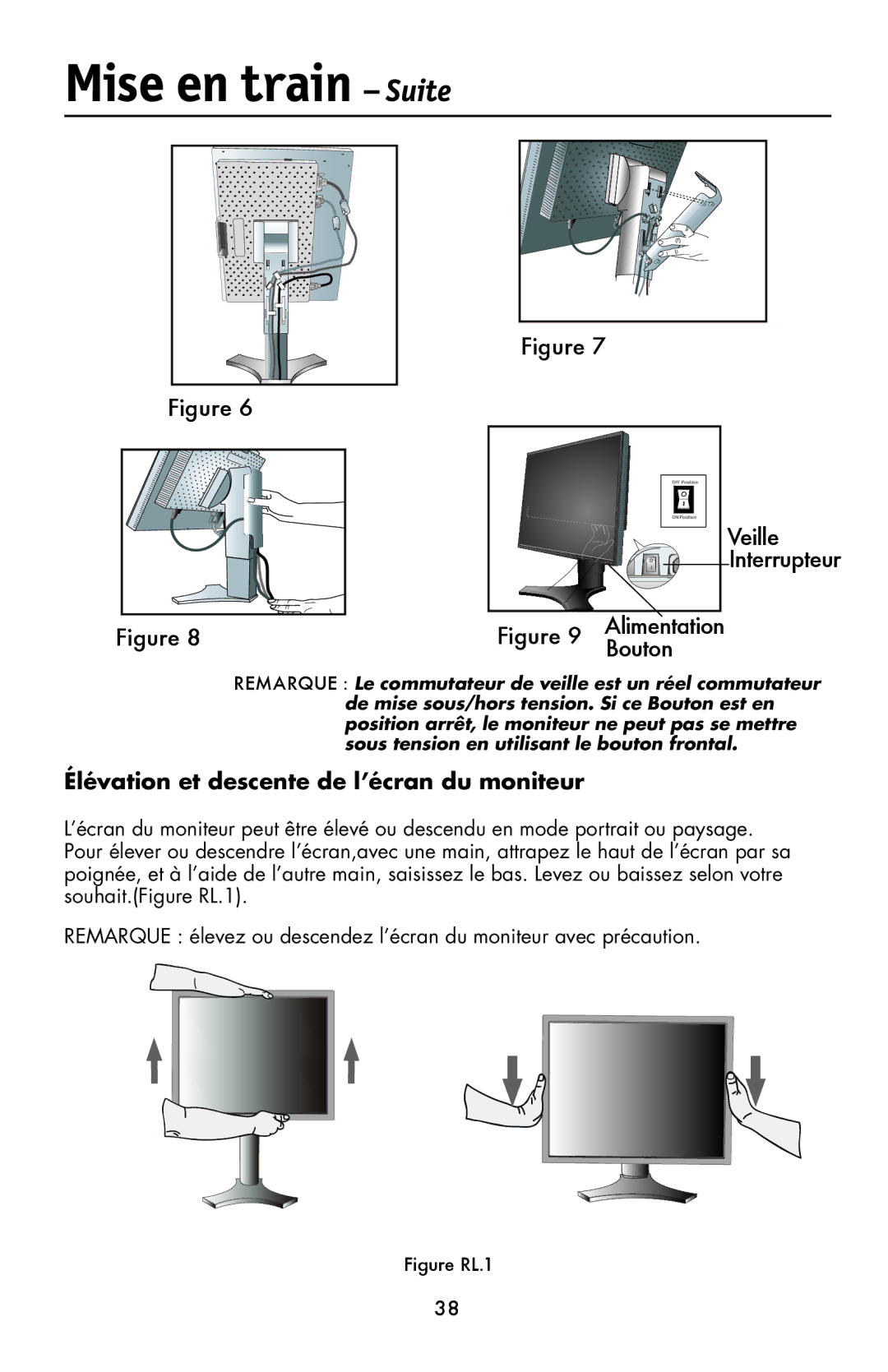 NEC LCD1990FXp user manual Veille Interrupteur, Élévation et descente de l’écran du moniteur 