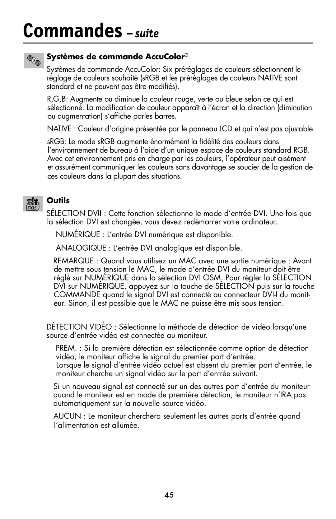 NEC LCD1990FXp user manual Systèmes de commande AccuColor, Outils 