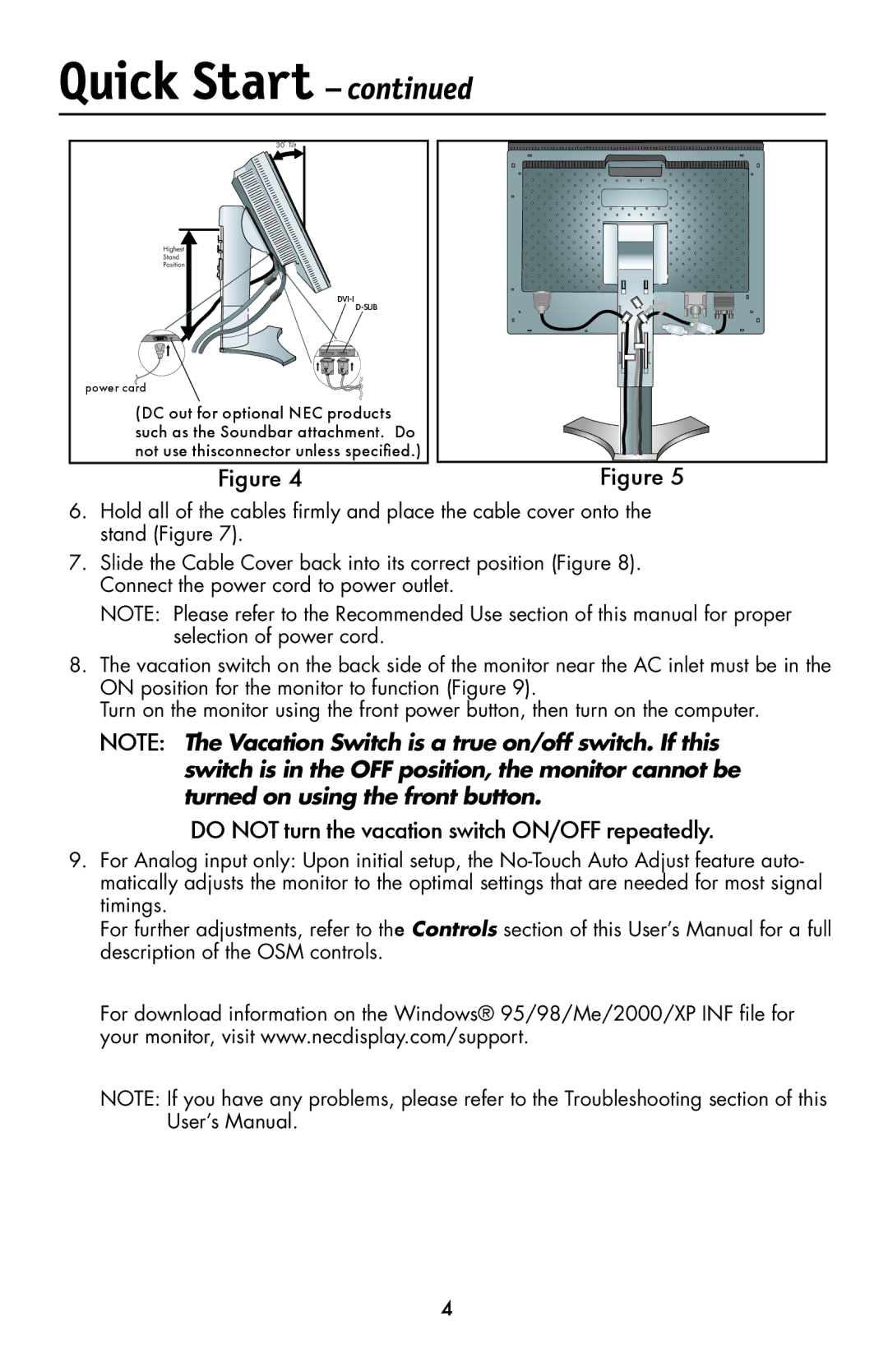 NEC LCD1990FXp user manual Do not turn the vacation switch ON/OFF repeatedly 