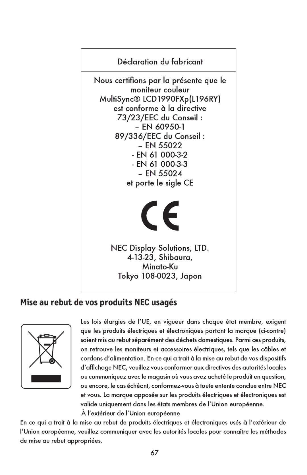 NEC LCD1990FXp user manual Mise au rebut de vos produits NEC usagés 