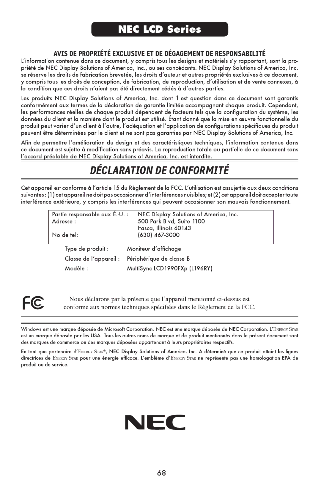 NEC LCD1990FXp user manual Déclaration DE Conformité 