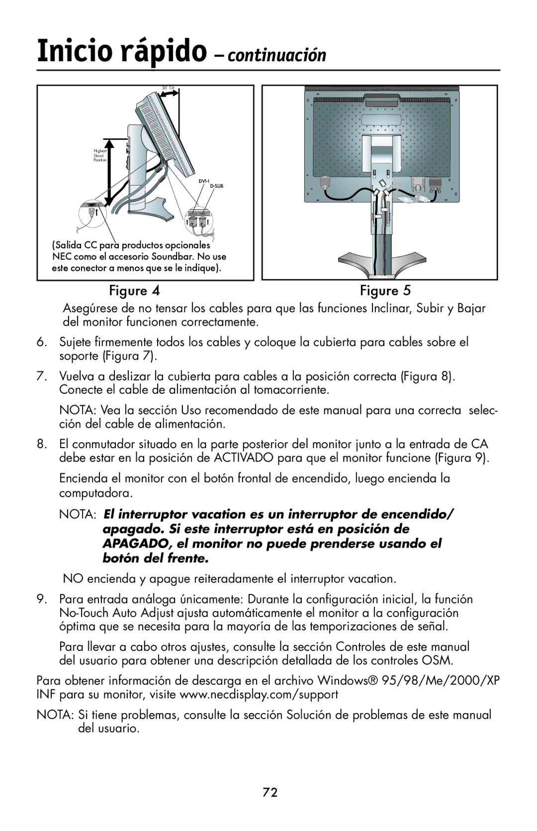 NEC LCD1990FXp user manual Inicio rápido continuación, No encienda y apague reiteradamente el interruptor vacation 