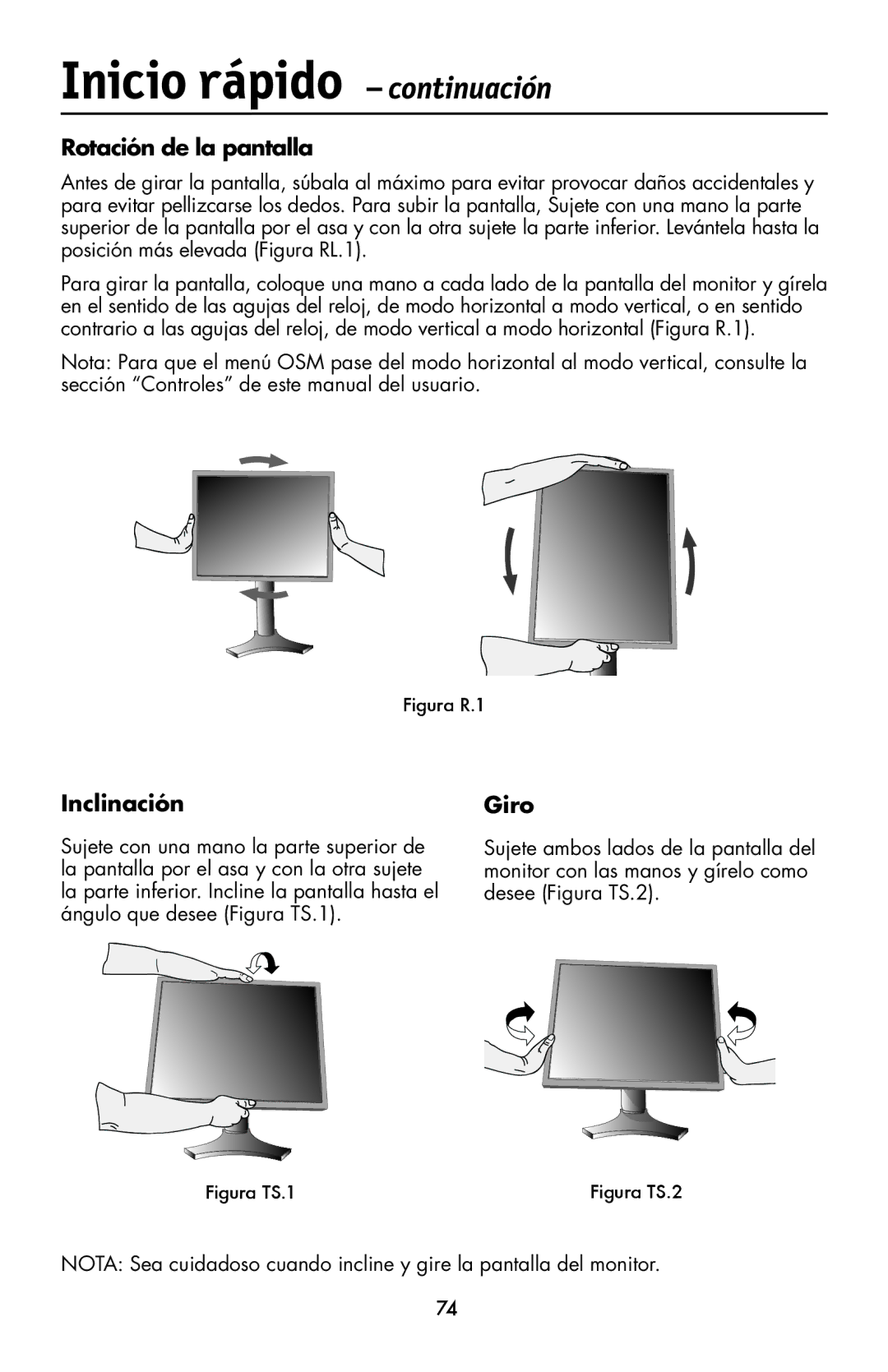 NEC LCD1990FXp user manual Rotación de la pantalla, Inclinación, Giro 