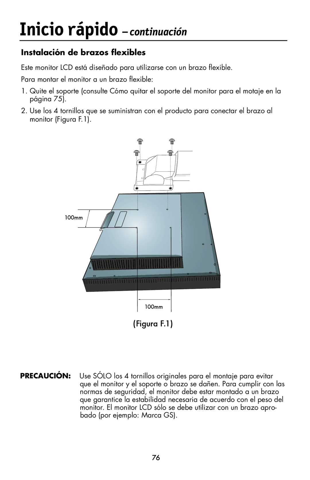 NEC LCD1990FXp user manual Instalación de brazos ﬂexibles, Figura F.1 