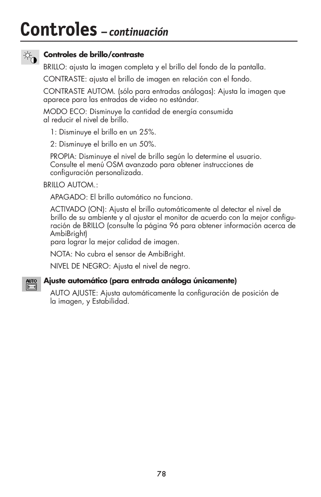 NEC LCD1990FXp user manual Controles de brillo/contraste, Ajuste automático para entrada análoga únicamente 