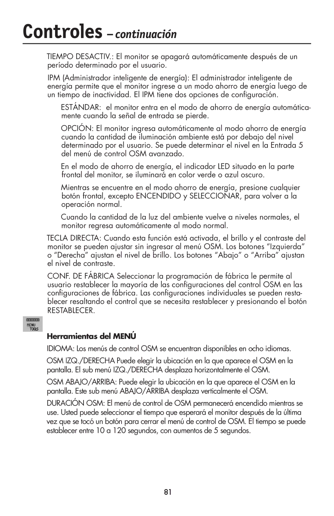 NEC LCD1990FXp user manual Herramientas del Menú 