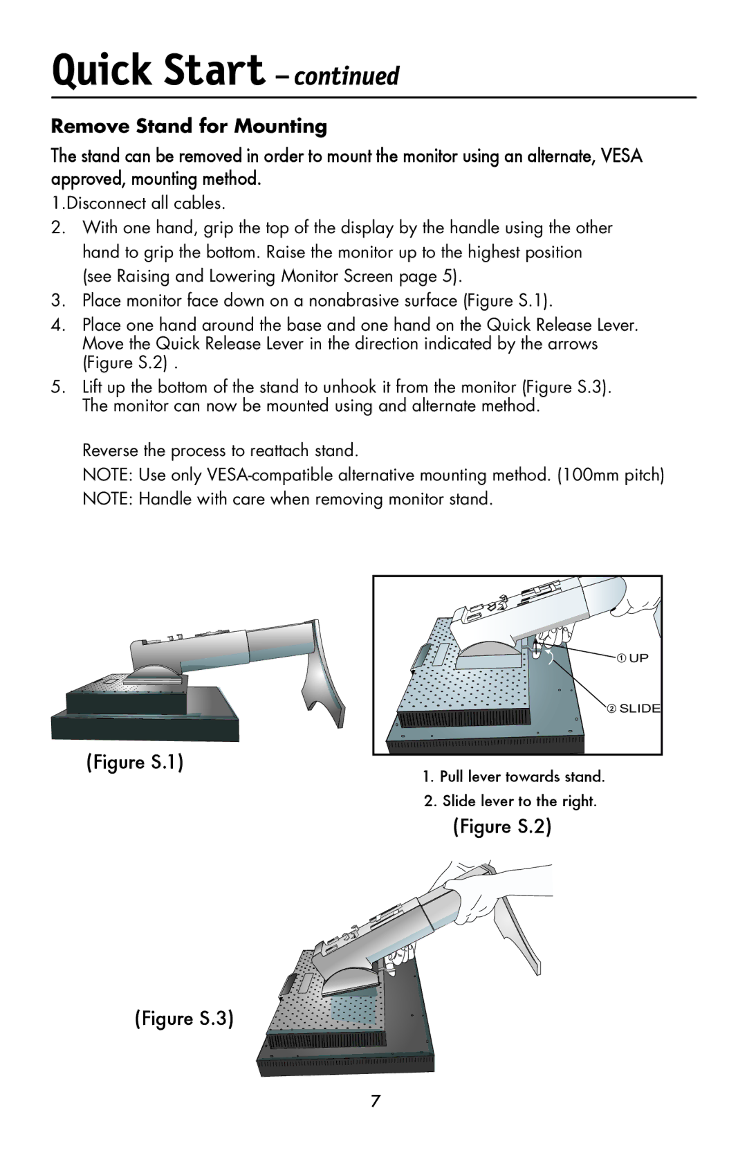 NEC LCD1990FXp user manual Remove Stand for Mounting, Pull lever towards stand Slide lever to the right 