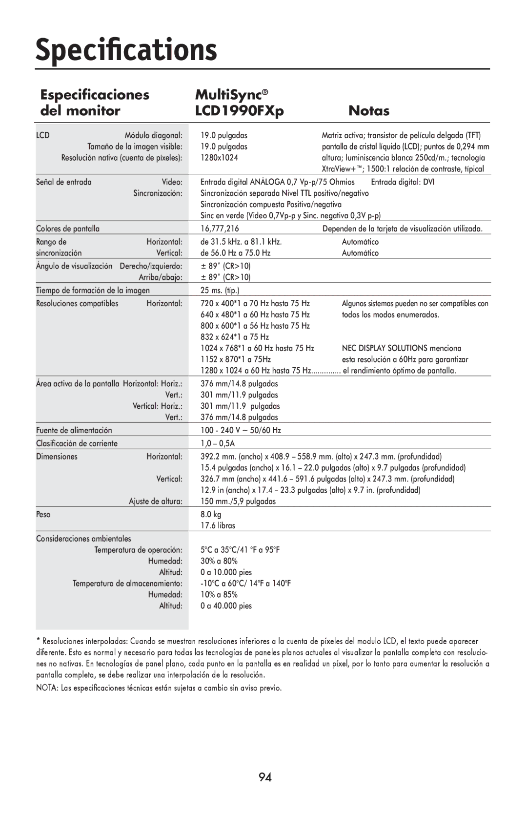 NEC user manual Especiﬁcaciones MultiSync Del monitor LCD1990FXp Notas, Lcd 