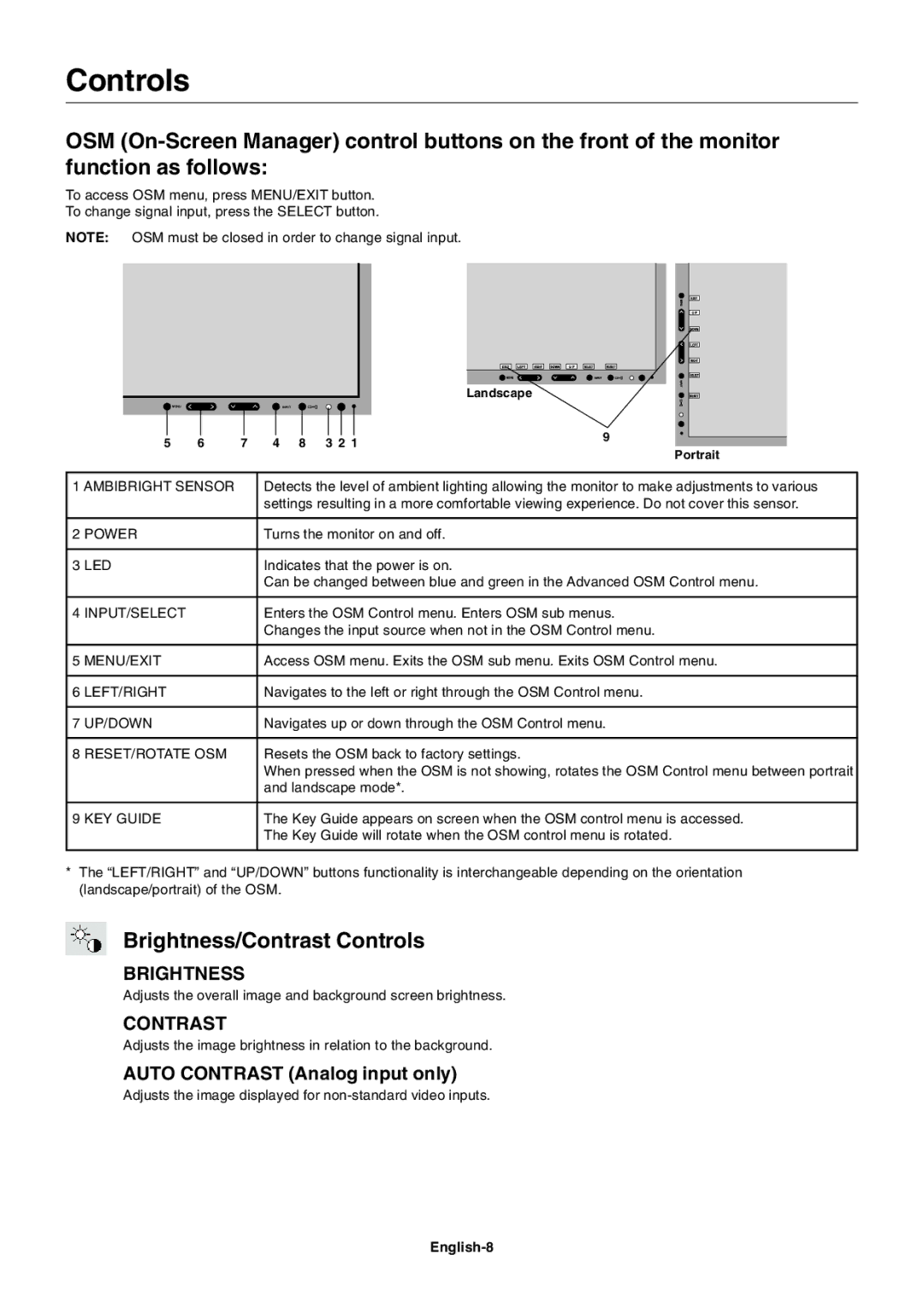 NEC LCD1990FXp user manual Brightness/Contrast Controls, English-8 