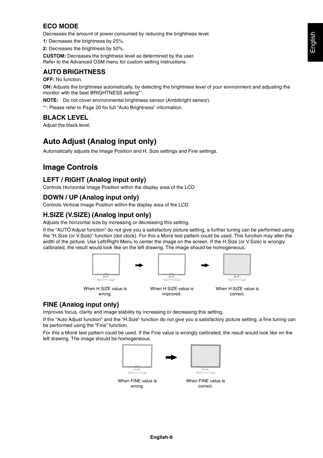 NEC LCD1990FXp user manual Auto Adjust Analog input only, Image Controls, ECO Mode, Auto Brightness, Black Level 