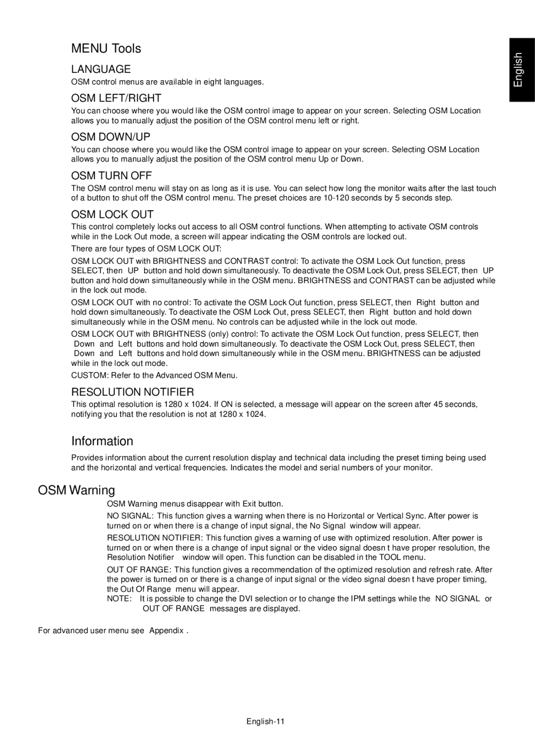 NEC LCD1990FXp user manual Menu Tools, Information, OSM Warning 