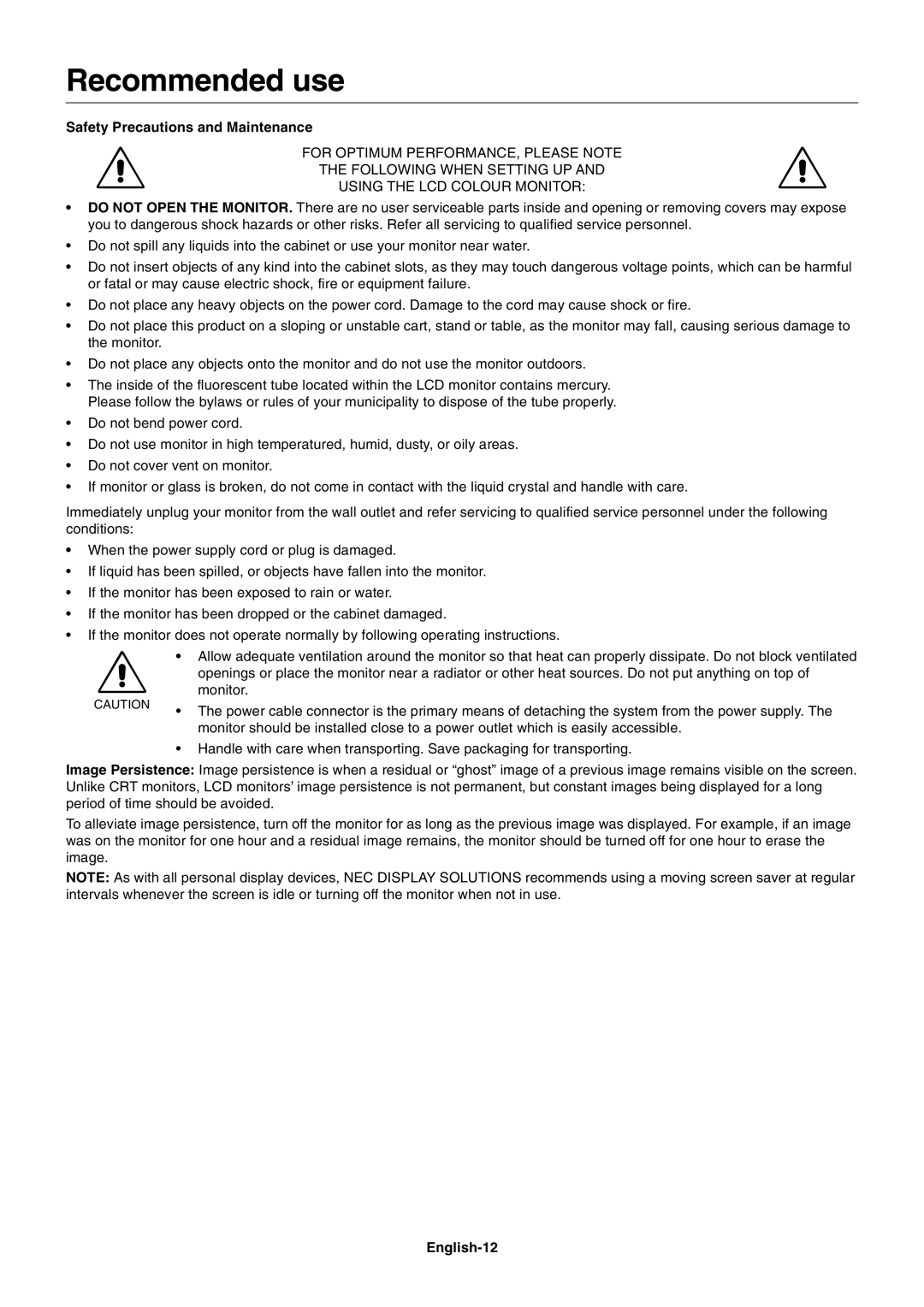 NEC LCD1990FXp user manual Recommended use, Safety Precautions and Maintenance, English-12 