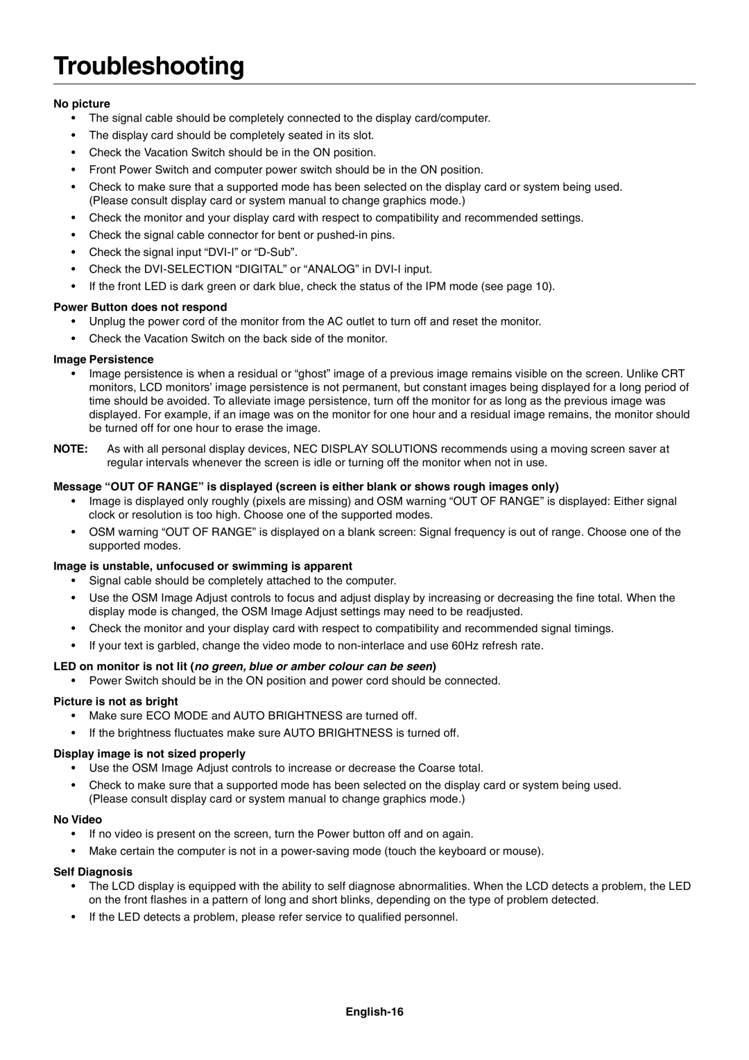 NEC LCD1990FXp user manual Troubleshooting 