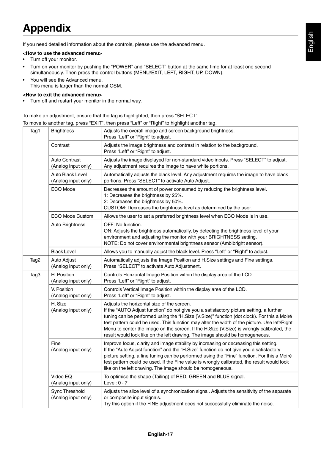 NEC LCD1990FXp user manual Appendix, How to use the advanced menu, How to exit the advanced menu, English-17 