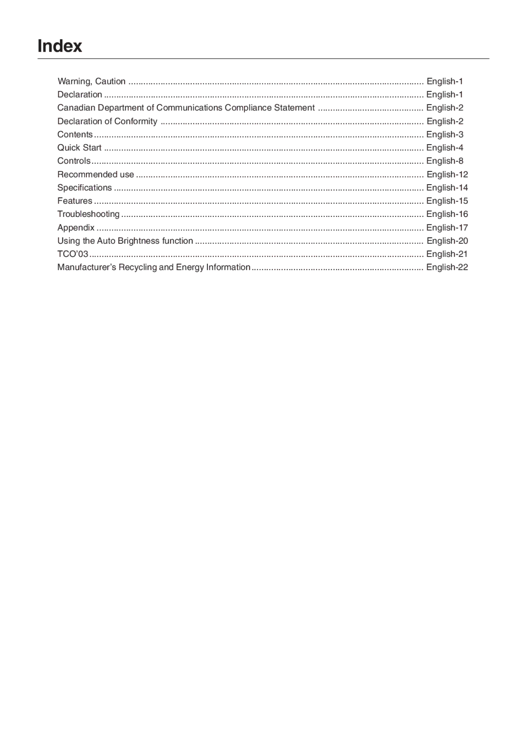 NEC LCD1990FXp user manual Index, English-22 