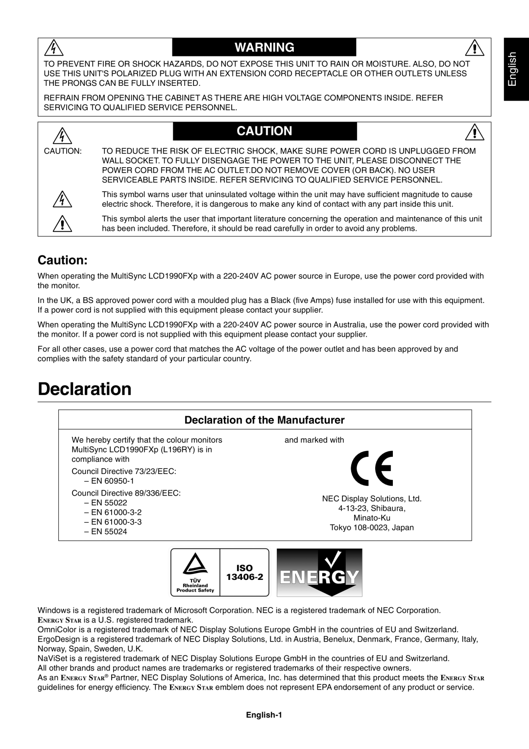 NEC LCD1990FXp user manual Declaration, English-1 