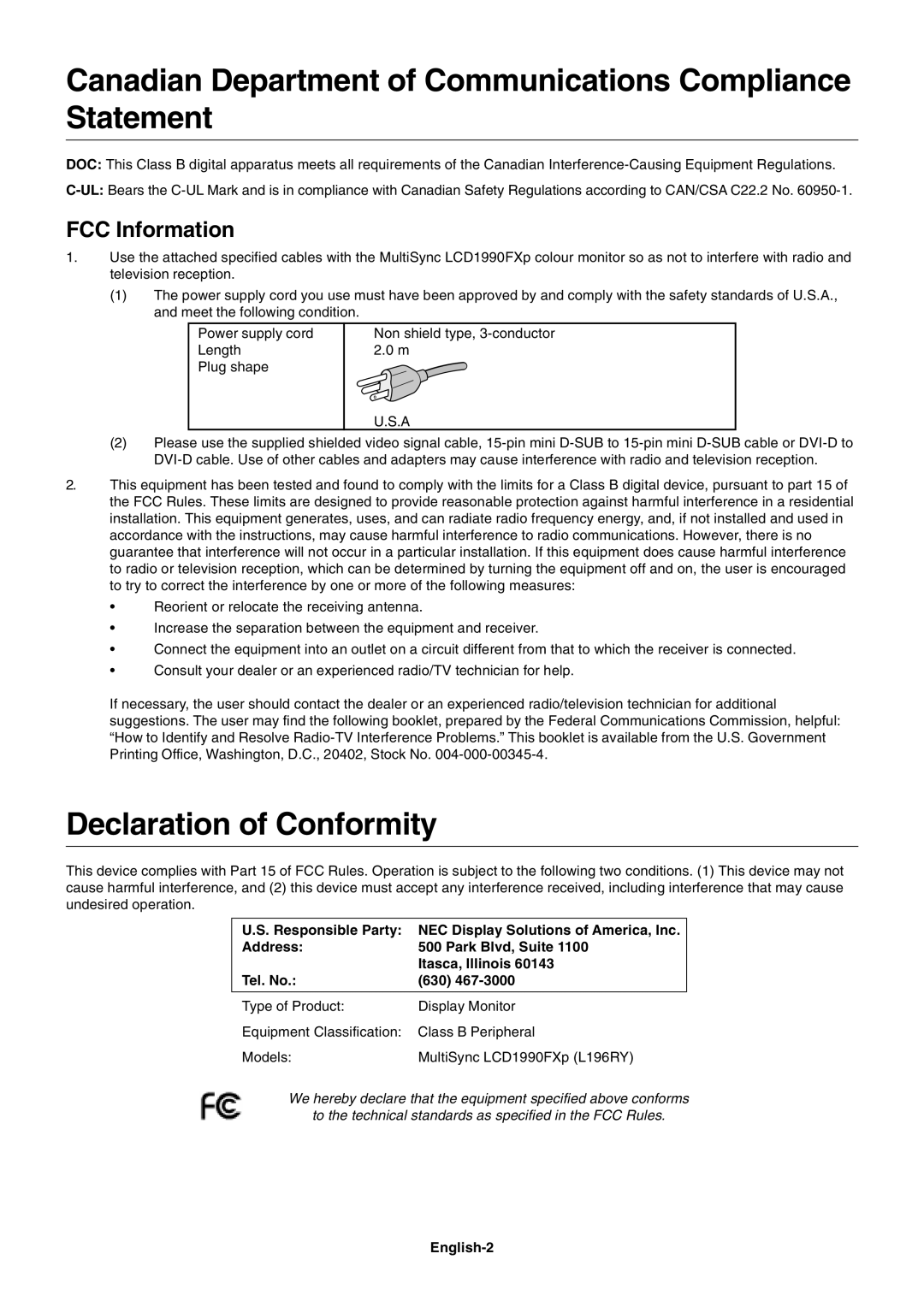 NEC LCD1990FXp Canadian Department of Communications Compliance Statement, Declaration of Conformity, FCC Information 