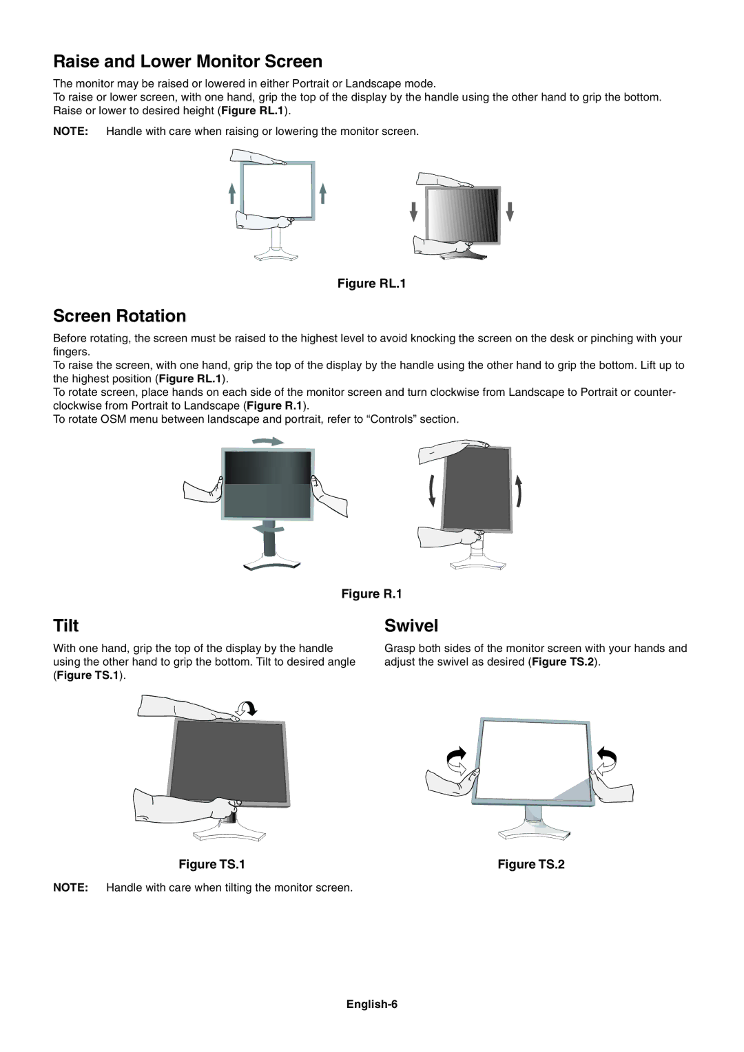 NEC LCD1990FXp user manual Raise and Lower Monitor Screen, Screen Rotation, Tilt, Swivel, English-6 