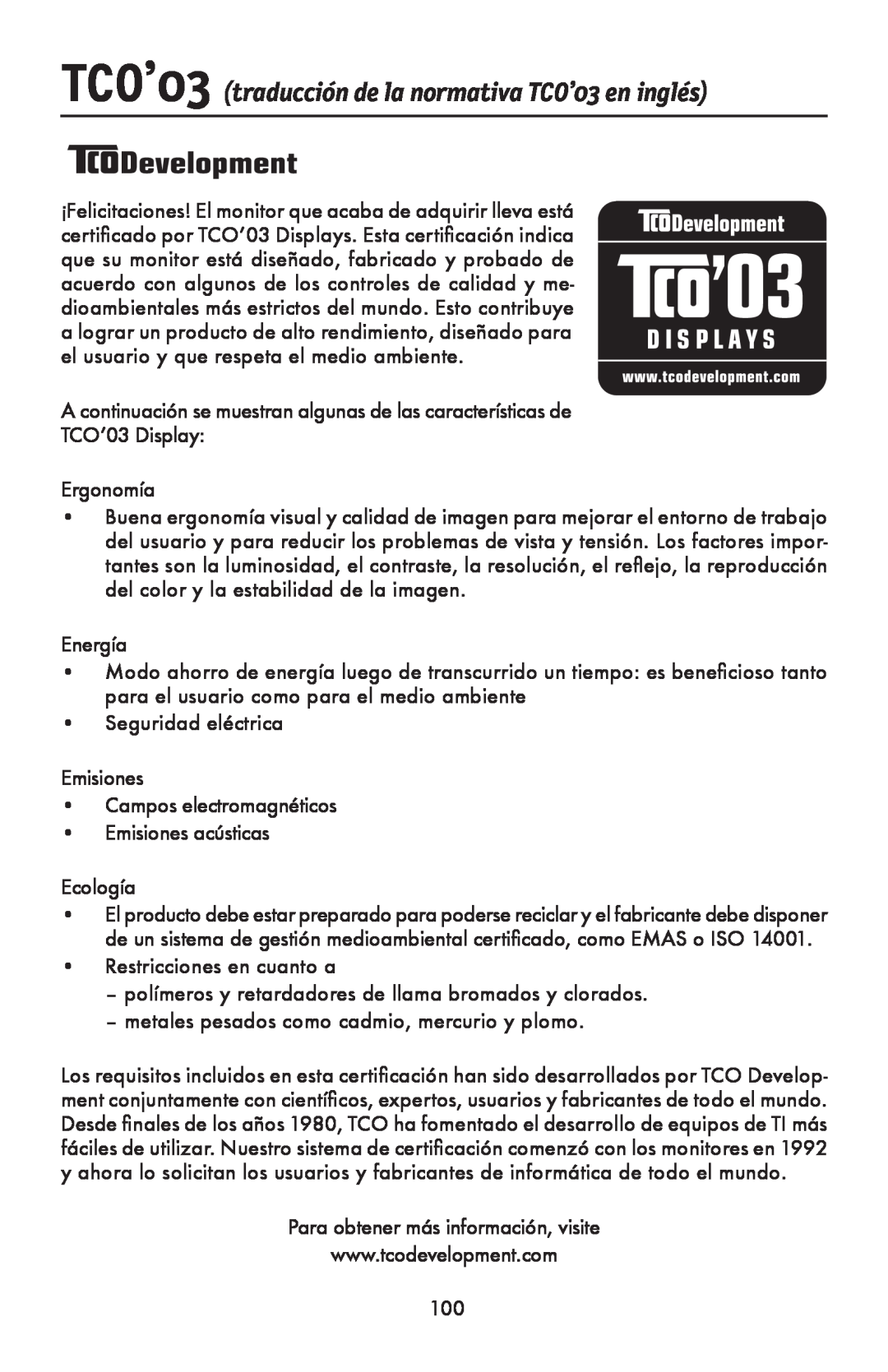 NEC LCD1990FXTM user manual TCO’03 traducción de la normativa TCO’03 en inglés 