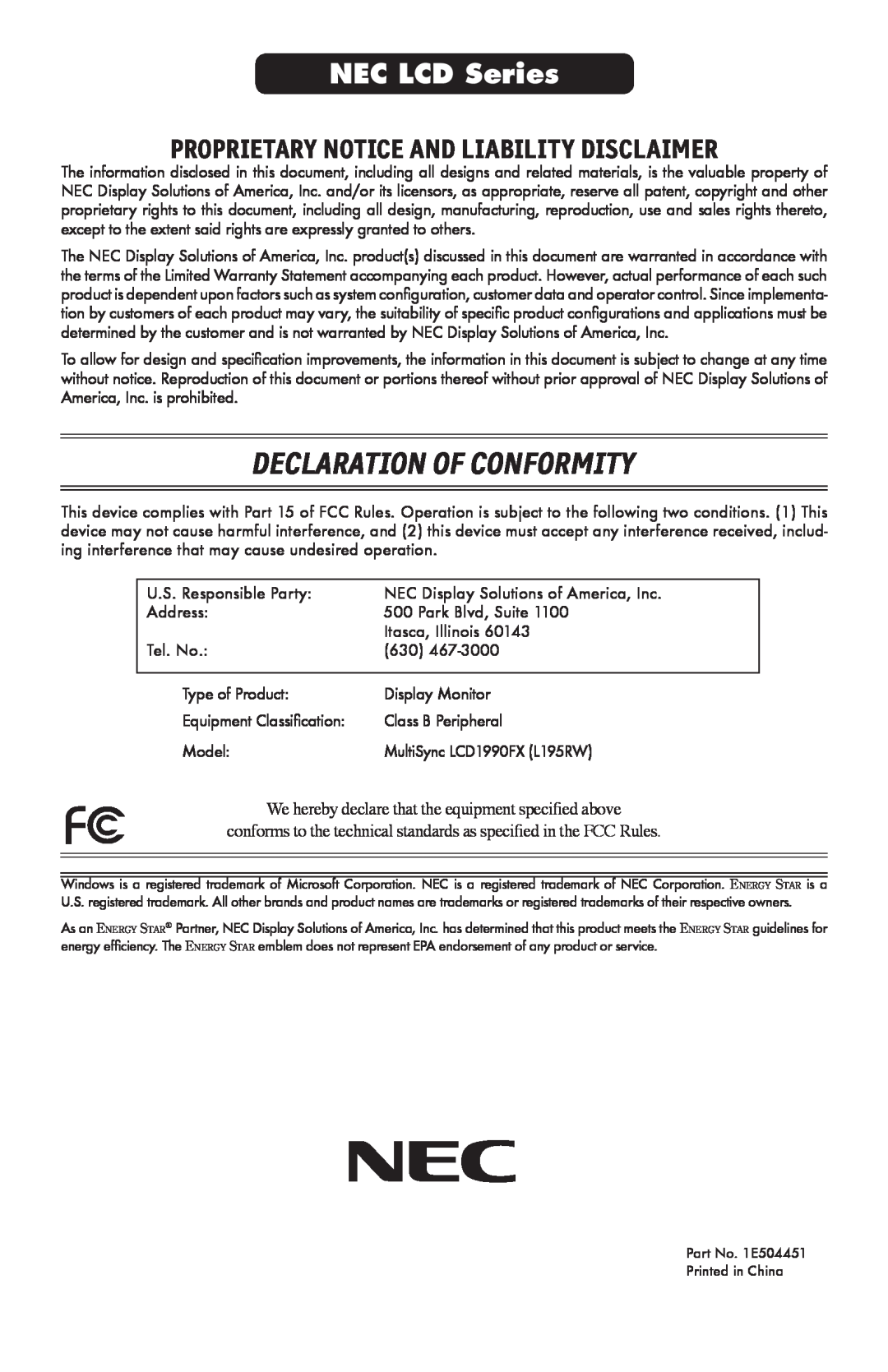 NEC LCD1990FXTM user manual Declaration Of Conformity, Proprietary Notice And Liability Disclaimer, NEC LCD Series 