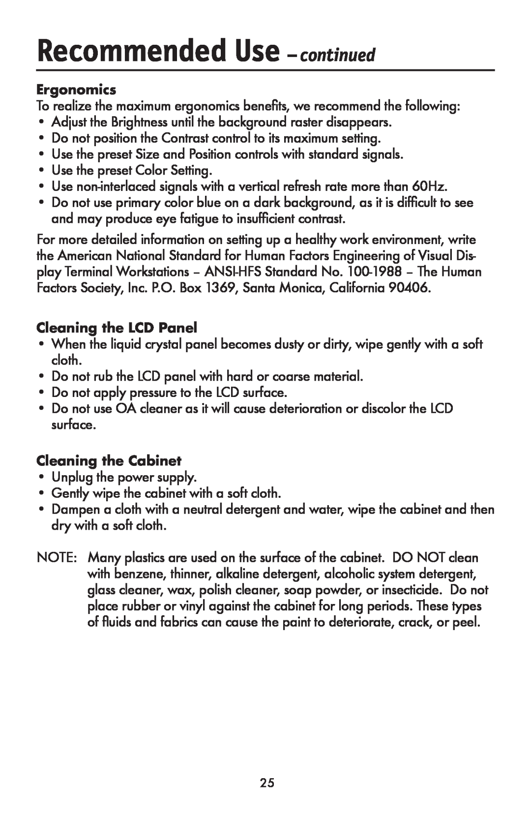NEC LCD1990FXTM user manual Ergonomics, Cleaning the LCD Panel, Cleaning the Cabinet, Recommended Use - continued 