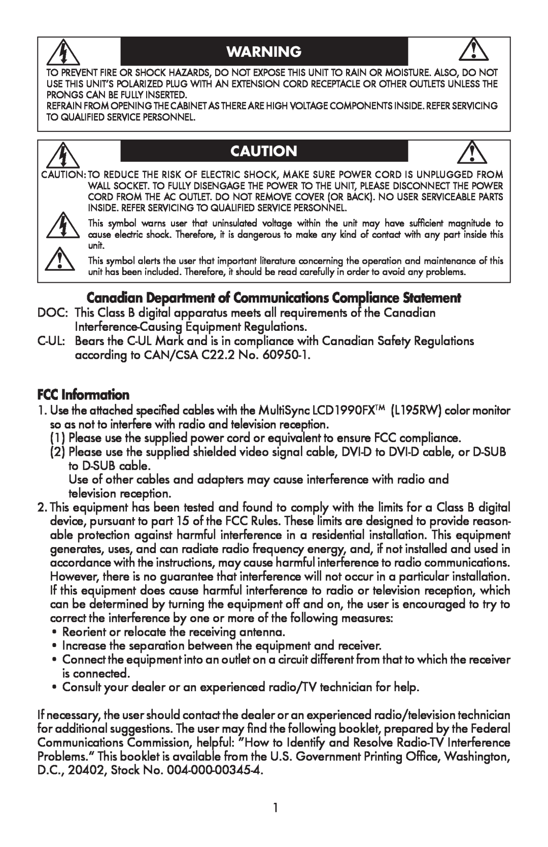 NEC LCD1990FXTM user manual Canadian Department of Communications Compliance Statement, FCC Information 