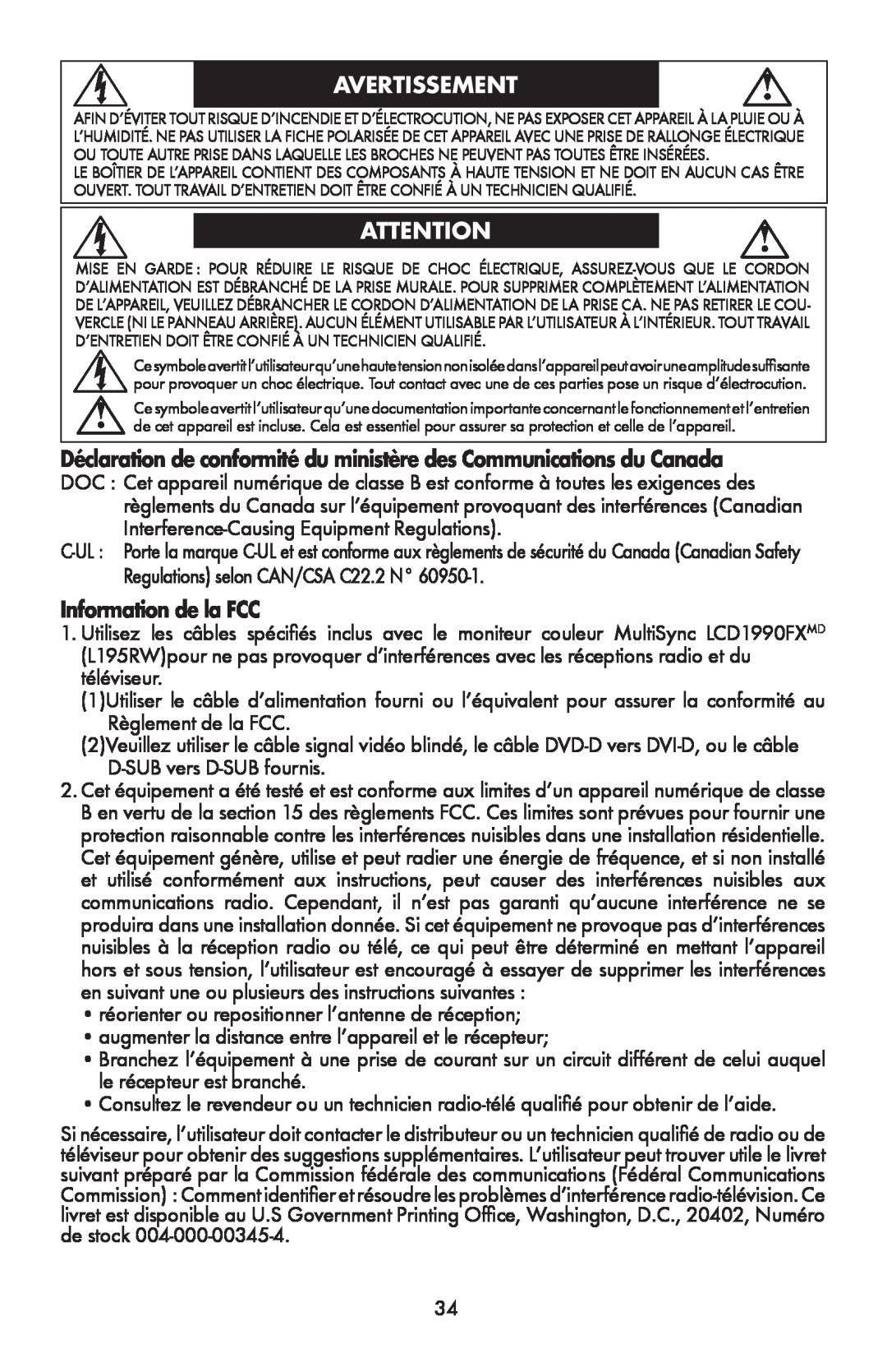 NEC LCD1990FXTM Avertissement, Déclaration de conformité du ministère des Communications du Canada, Information de la FCC 