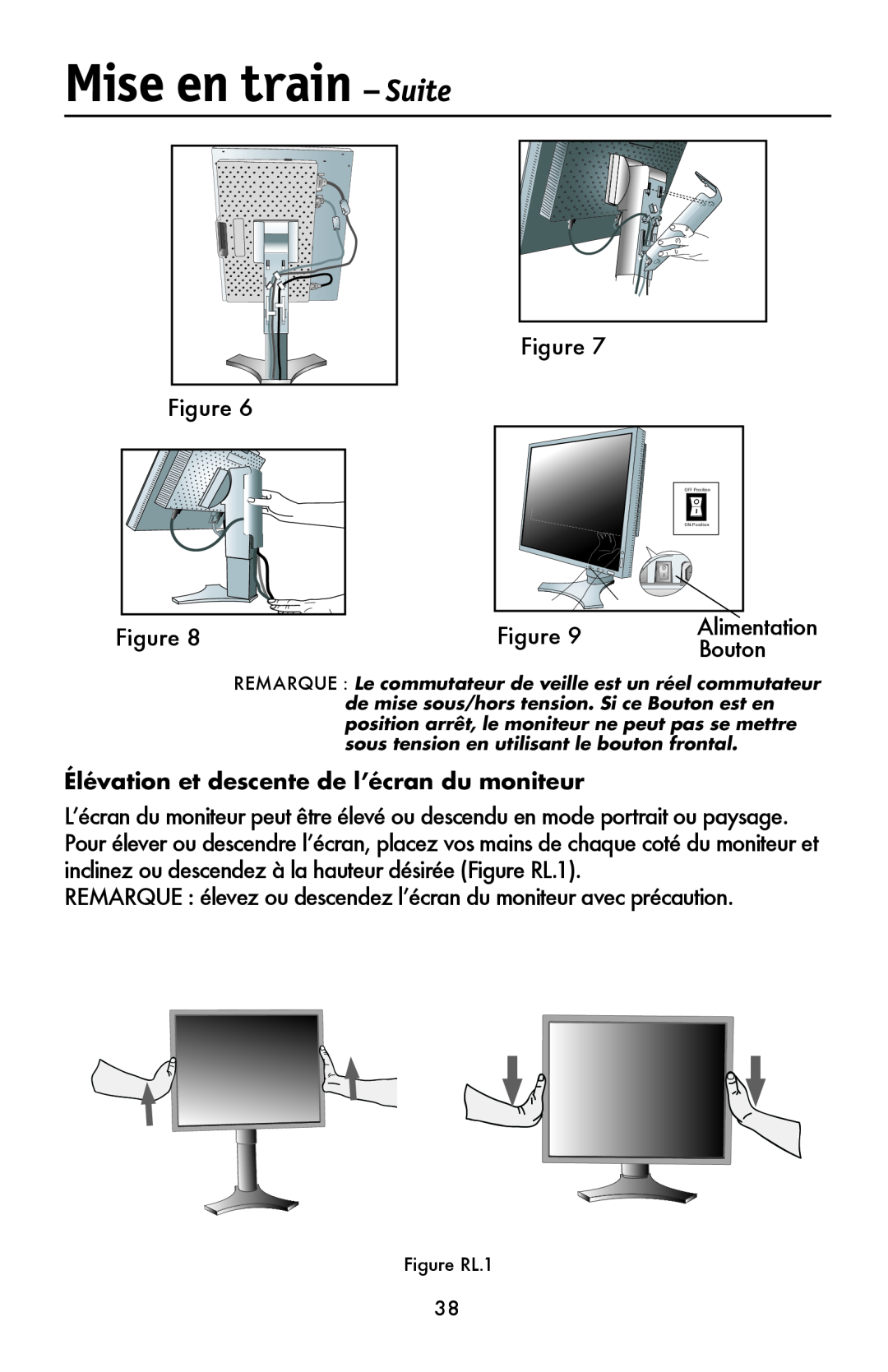 NEC LCD1990FXTM user manual Élévation et descente de l’écran du moniteur, Mise en train - Suite 
