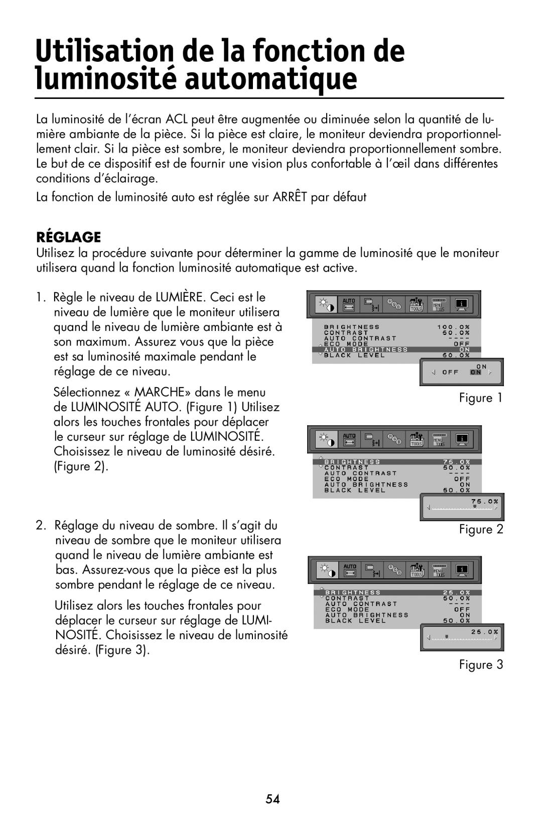 NEC LCD1990FXTM user manual Réglage, Utilisation de la fonction de luminosité automatique 