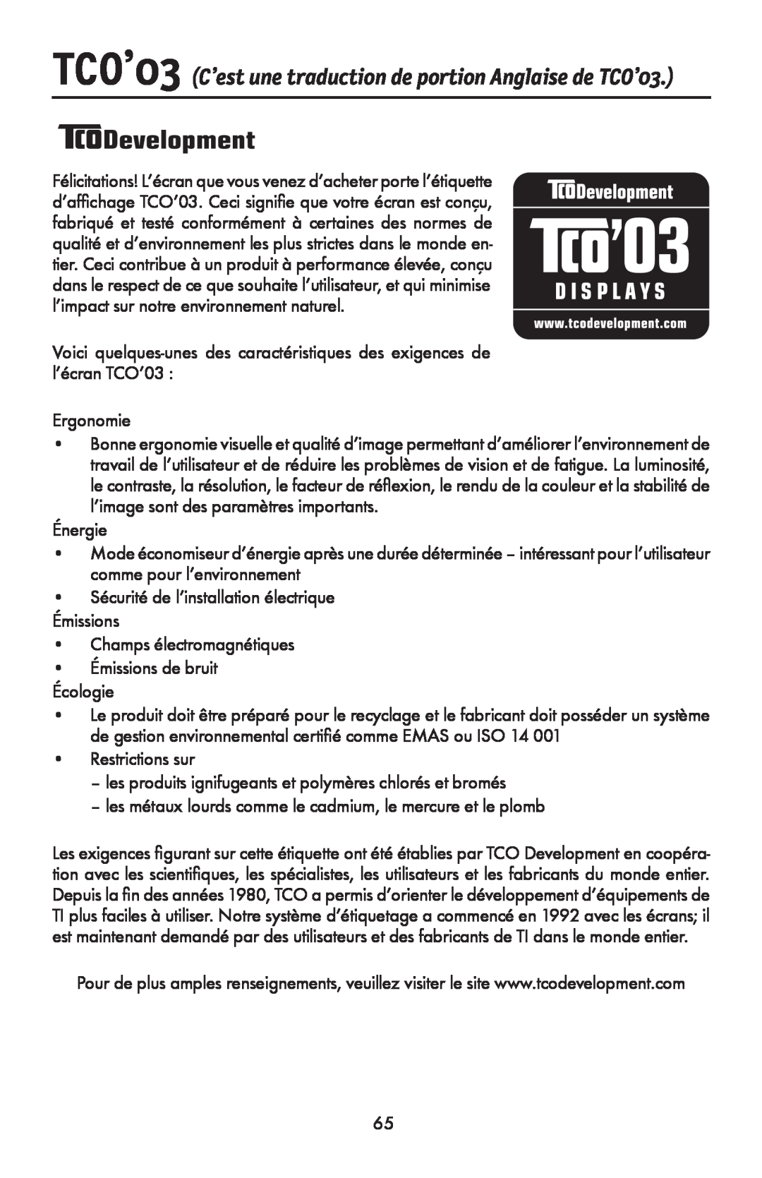 NEC LCD1990FXTM user manual TCO’03 C’est une traduction de portion Anglaise de TCO’03 