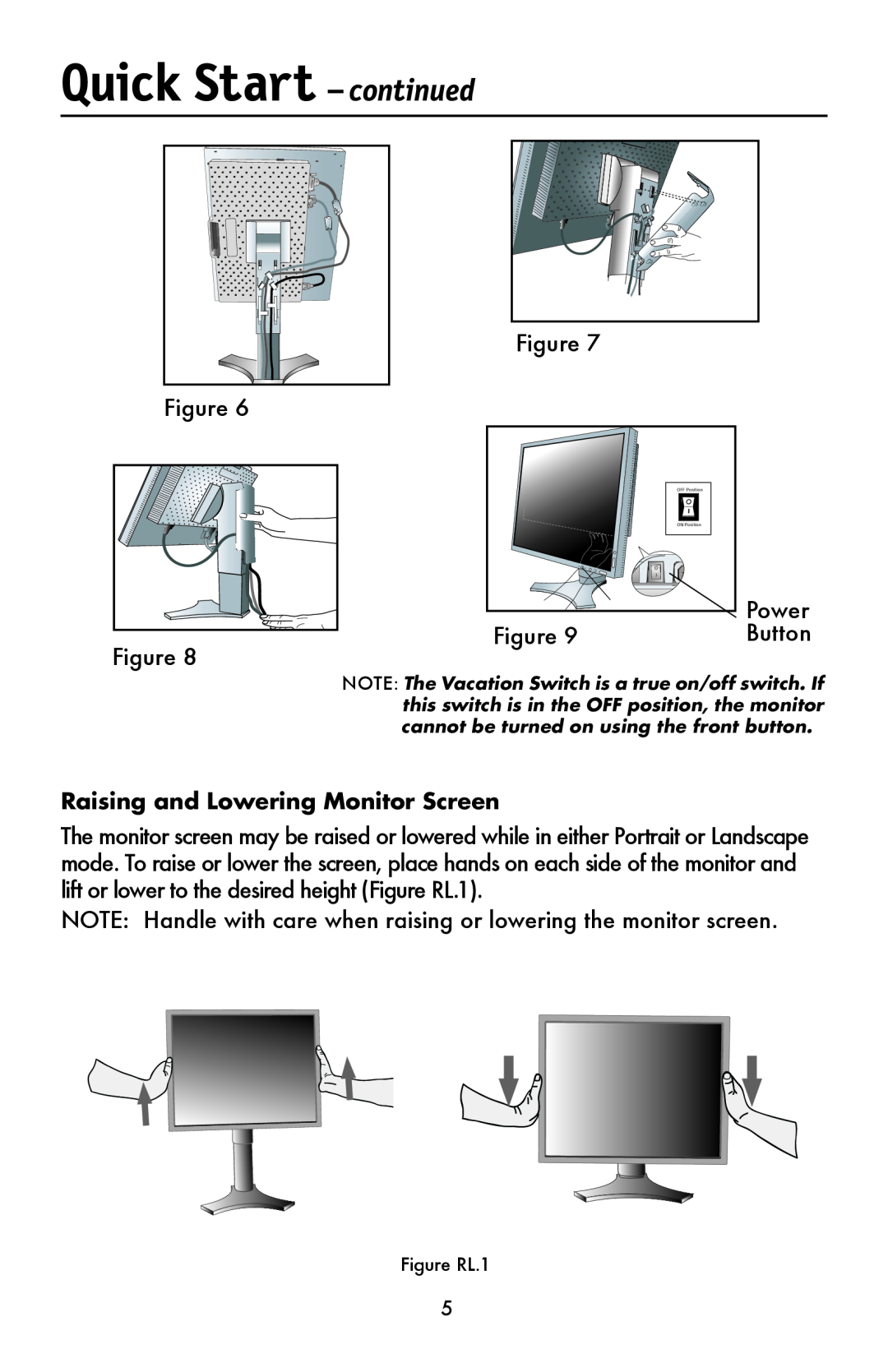 NEC LCD1990FXTM user manual Raising and Lowering Monitor Screen, Quick Start - continued 