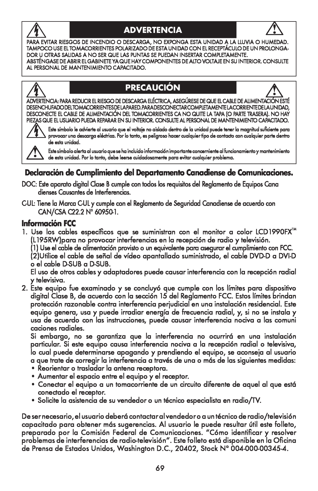 NEC LCD1990FXTM user manual Advertencia, Precaución, Información FCC 