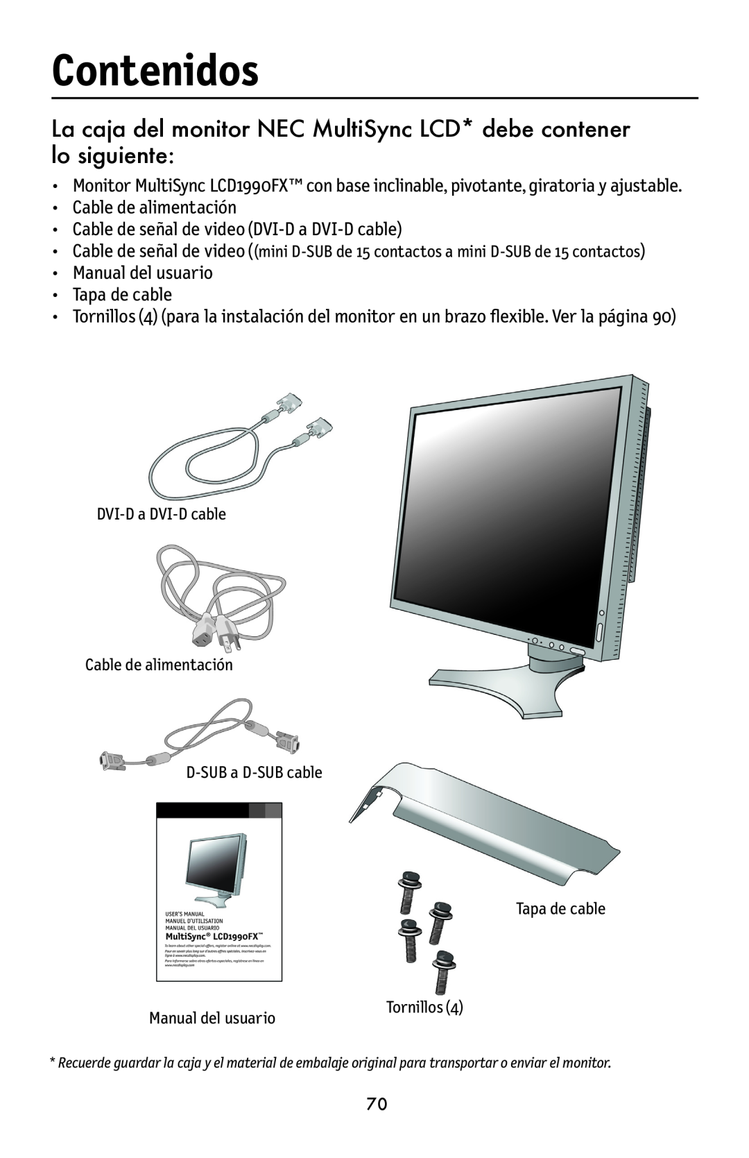 NEC LCD1990FXTM user manual Contenidos, La caja del monitor NEC MultiSync LCD* debe contener lo siguiente 