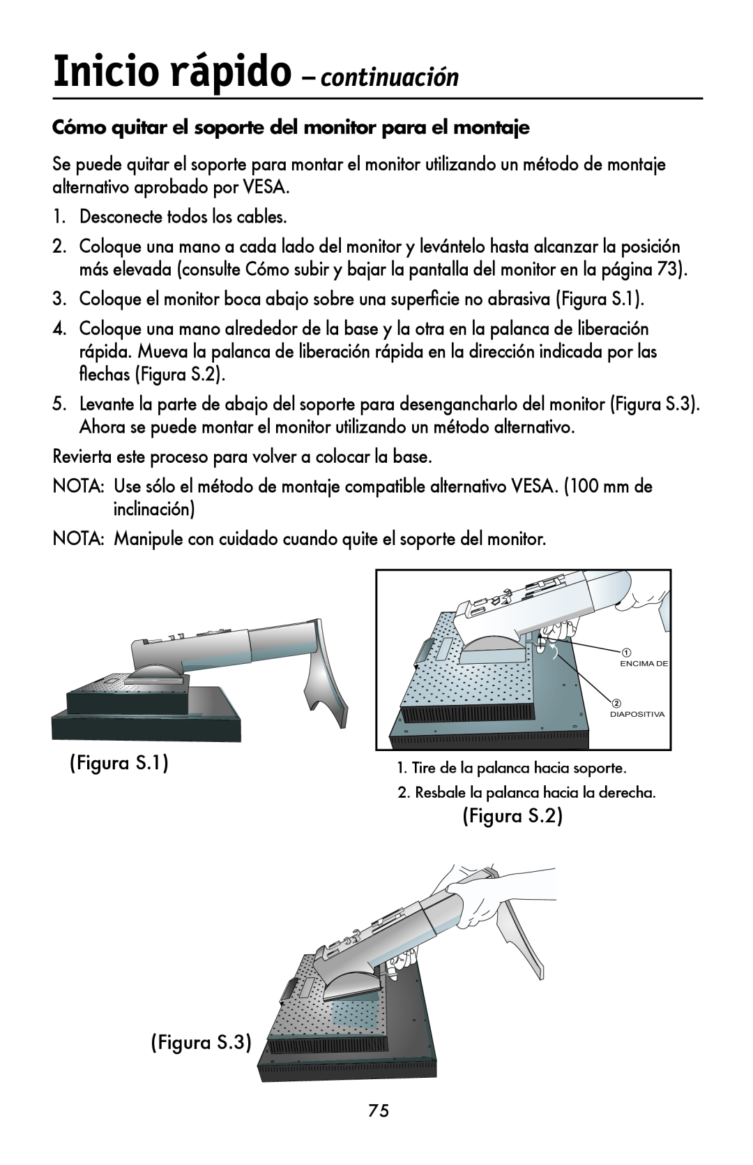 NEC LCD1990FXTM user manual Cómo quitar el soporte del monitor para el montaje, Inicio rápido - continuación 