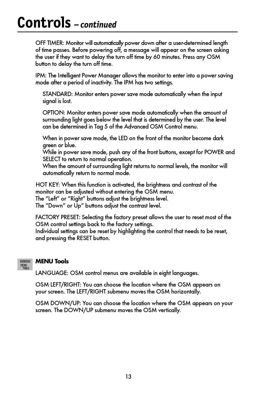 NEC LCD1990FXTM user manual Menu Tools, Language OSM control menus are available in eight languages 