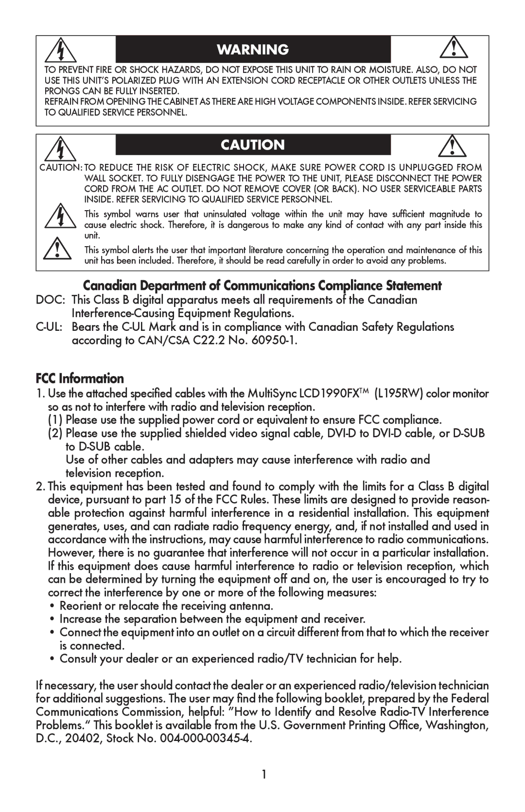 NEC LCD1990FXTM user manual Canadian Department of Communications Compliance Statement, FCC Information 