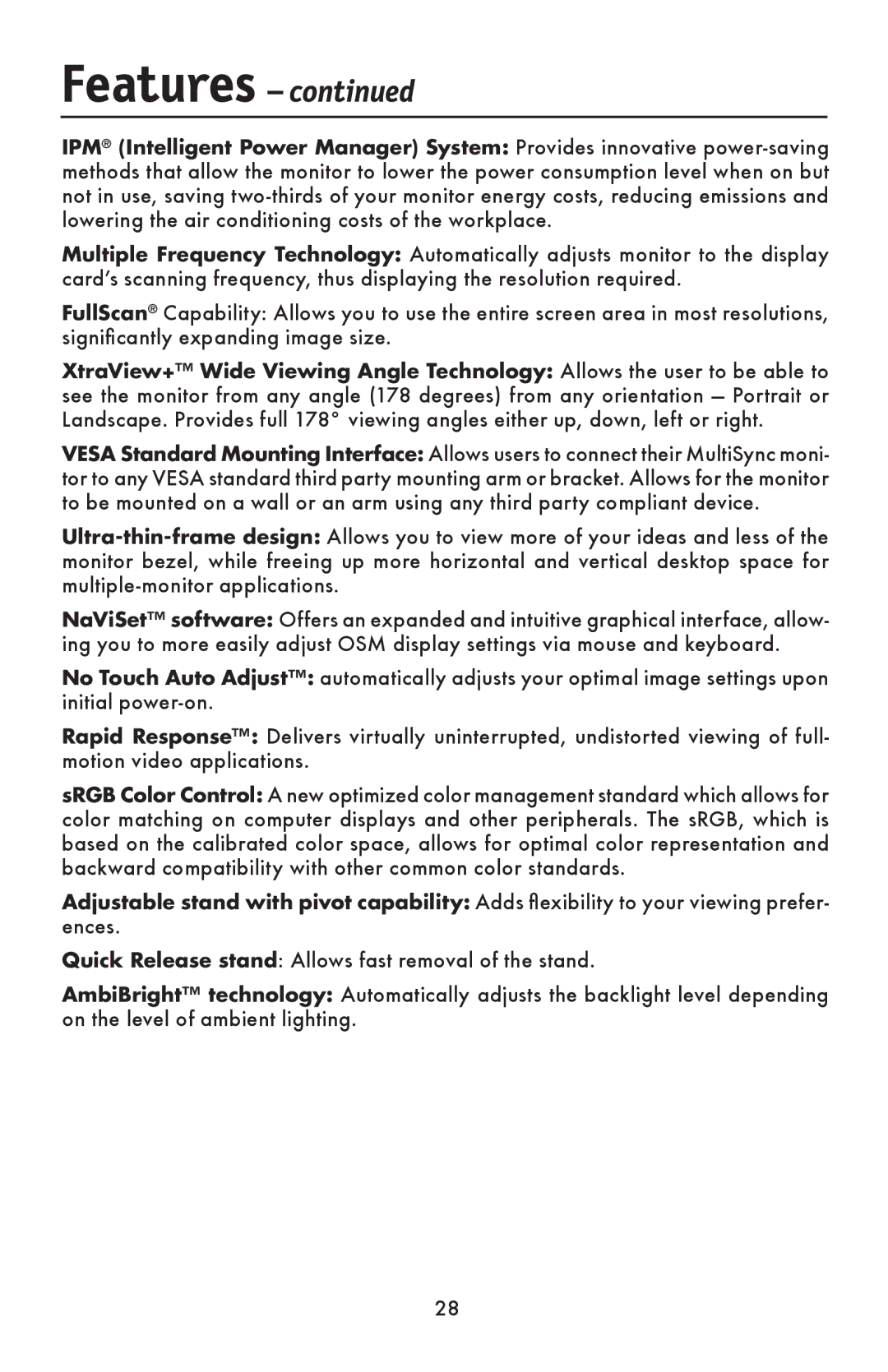 NEC LCD1990FXTM user manual Features 