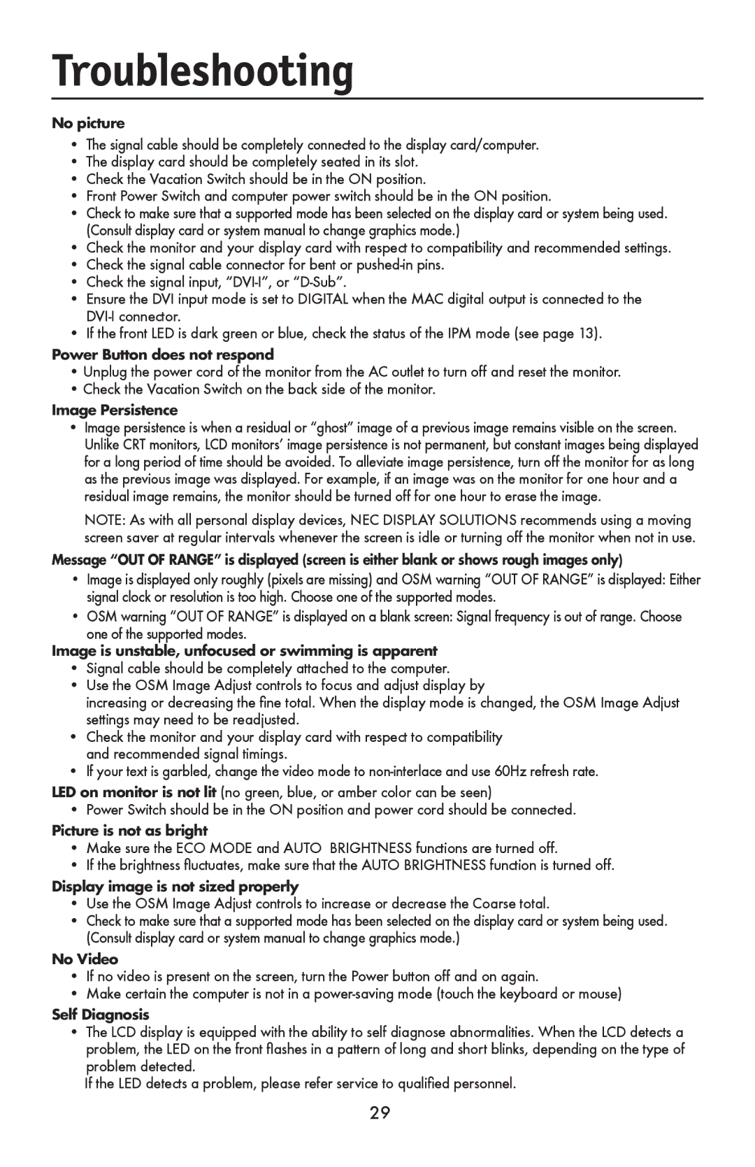 NEC LCD1990FXTM user manual Troubleshooting, No picture 