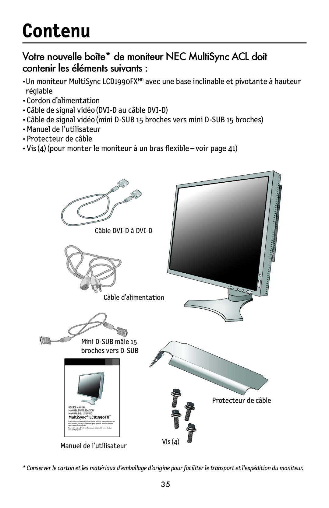 NEC LCD1990FXTM user manual Contenu, Câble DVI-D à DVI-D Câble d’alimentation, Protecteur de câble Manuel de l’utilisateur 