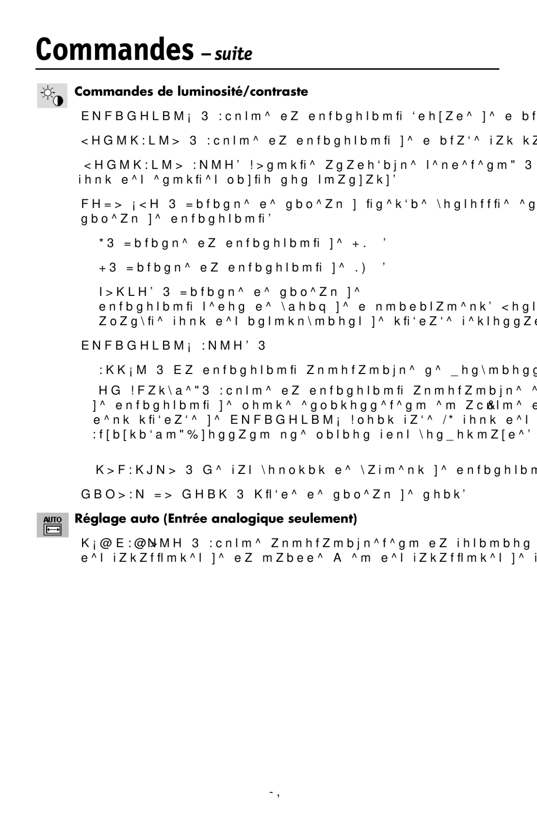 NEC LCD1990FXTM user manual Commandes suite, Commandes de luminosité/contraste, Réglage auto Entrée analogique seulement 