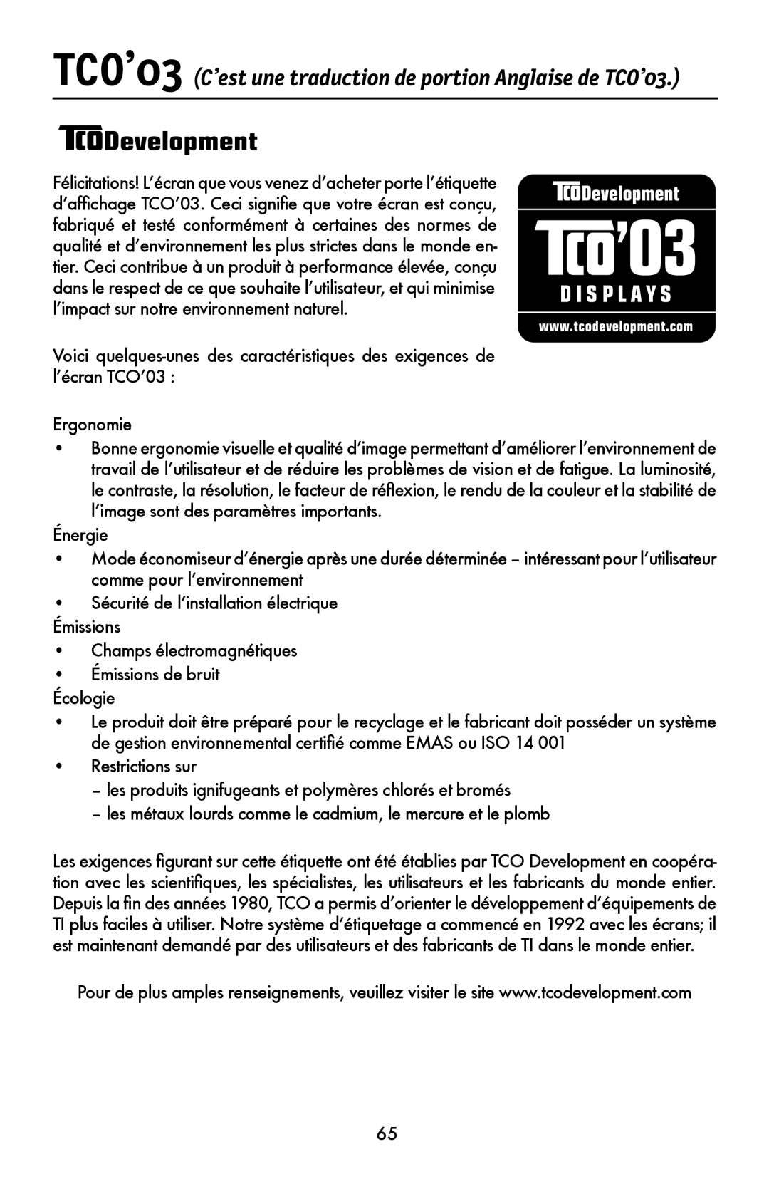 NEC LCD1990FXTM user manual TCO’03 C’est une traduction de portion Anglaise de TCO’03 