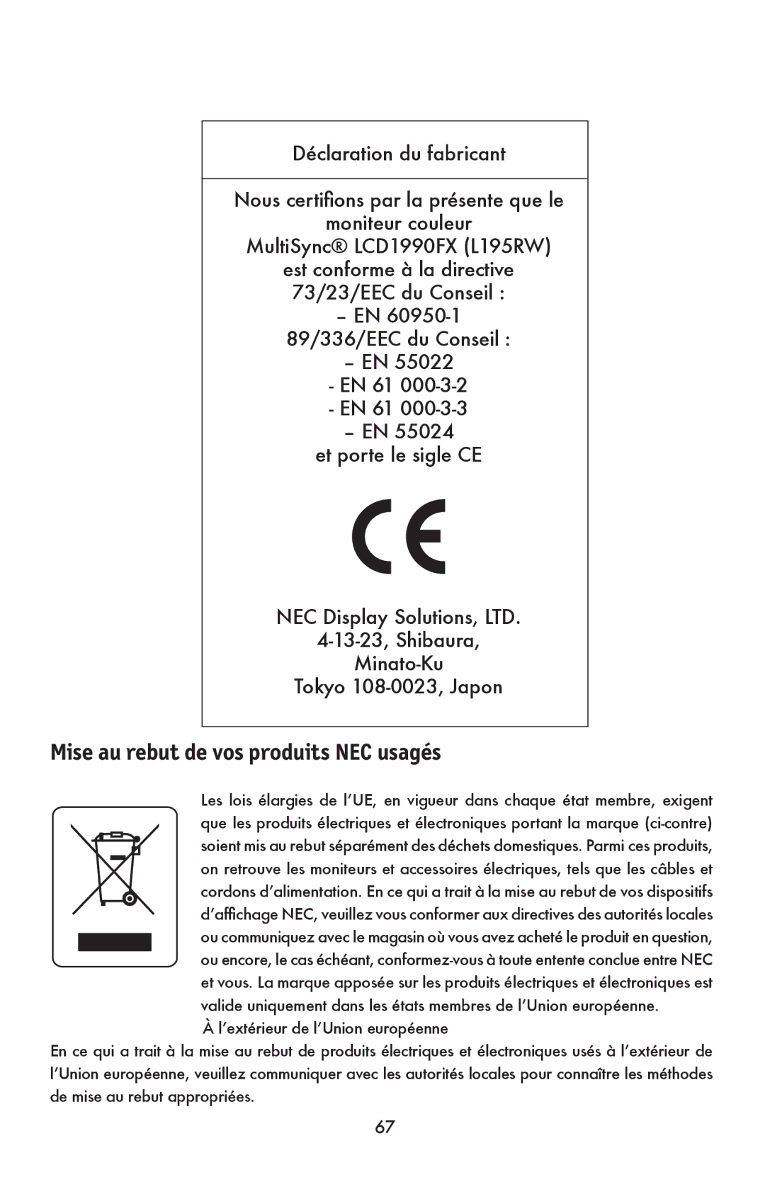 NEC LCD1990FXTM user manual Mise au rebut de vos produits NEC usagés 