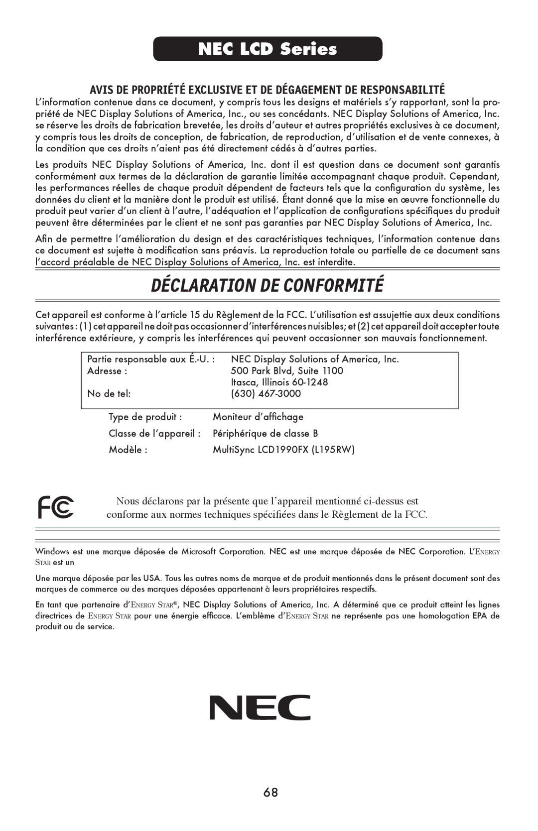 NEC LCD1990FXTM user manual Déclaration DE Conformité 