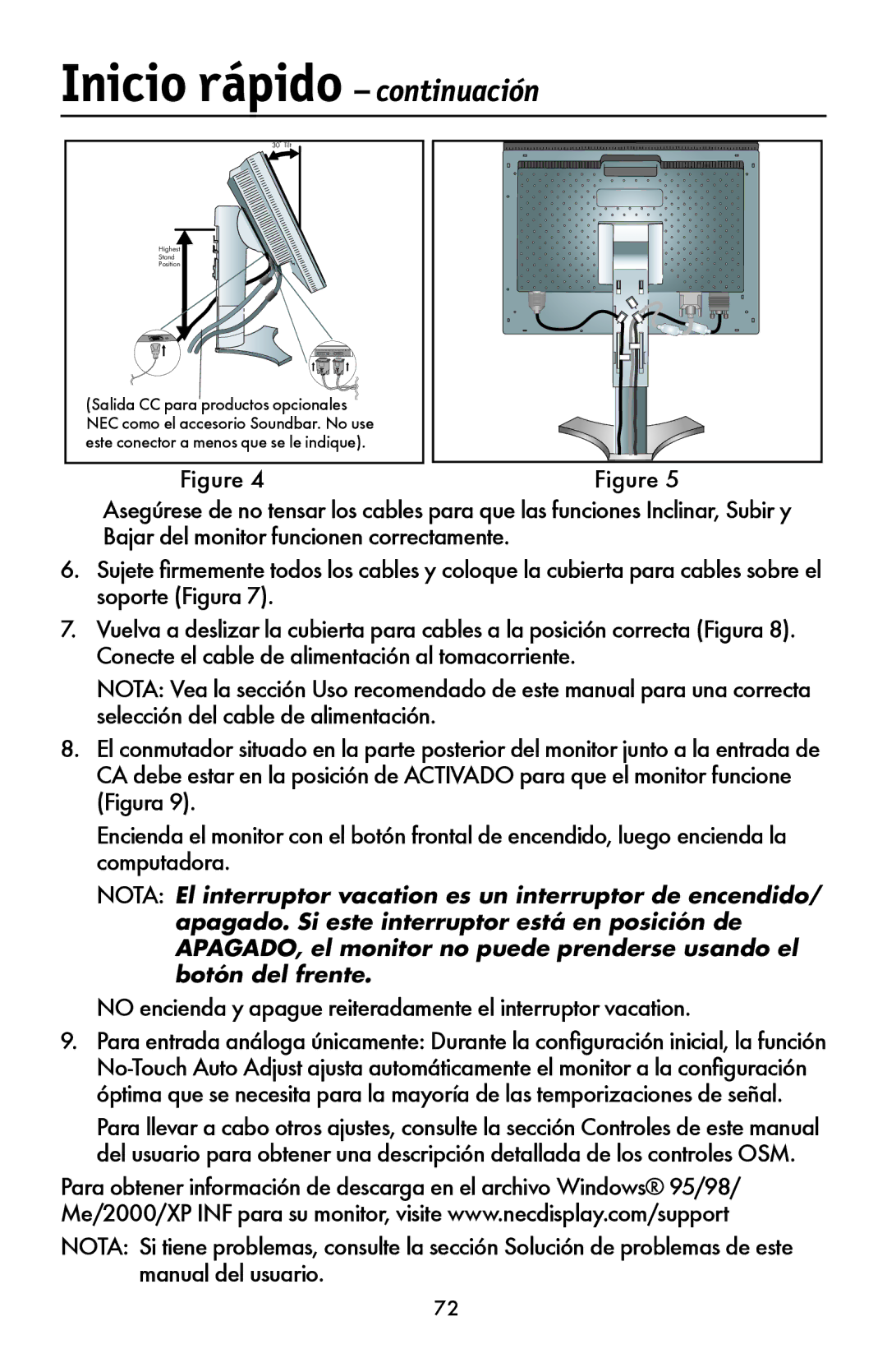 NEC LCD1990FXTM user manual Inicio rápido continuación, No encienda y apague reiteradamente el interruptor vacation 