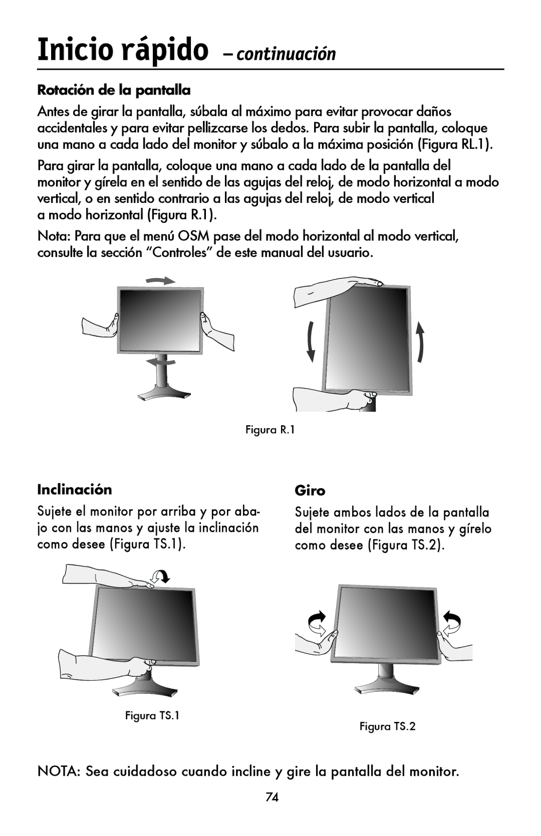 NEC LCD1990FXTM user manual Rotación de la pantalla, Inclinación, Giro 