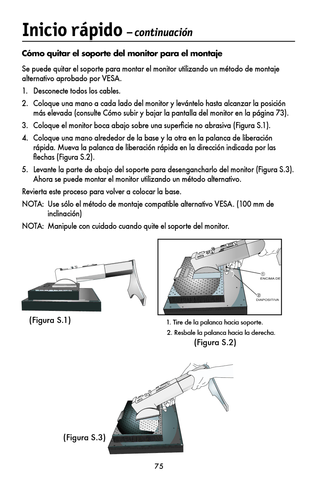 NEC LCD1990FXTM user manual Cómo quitar el soporte del monitor para el montaje, Figura S.1 